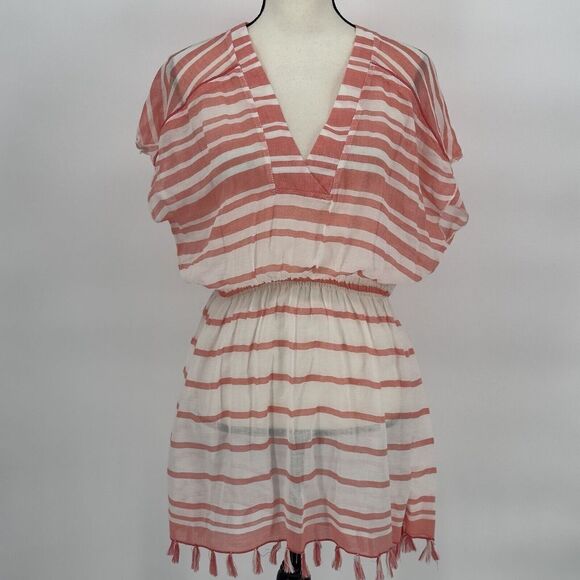 Athleta Beach Cover‎ Up Tassel Trim Stripe Coral & White Size Xsmall - Picture 2 of 9